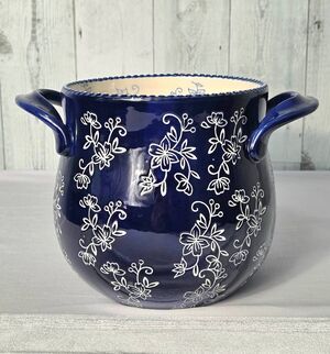 Temp-tations By Tara Blue Floral Lace Ceramic Utensil Crock Soup Pot